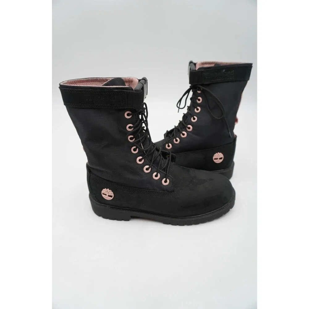 Timberland Black Suede Nylon Mid-Calf Boots Pink Eyelets Buckle Ankle Strap Sz 7